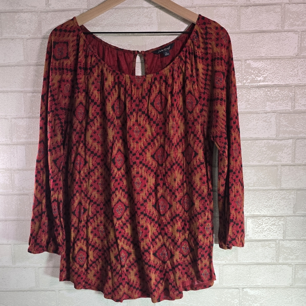 Lucky Brand Rust Red Boho Southwestern Design Blouse Top 3/4 Sleeve Women's L